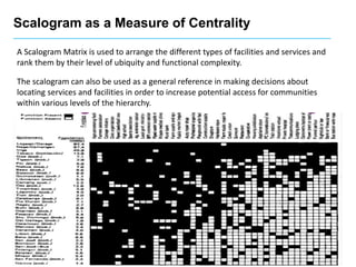 Scalogram as a Measure of Centrality
A Scalogram Matrix is used to arrange the different types of facilities and services and
rank them by their level of ubiquity and functional complexity.
The scalogram can also be used as a general reference in making decisions about
locating services and facilities in order to increase potential access for communities
within various levels of the hierarchy.
 