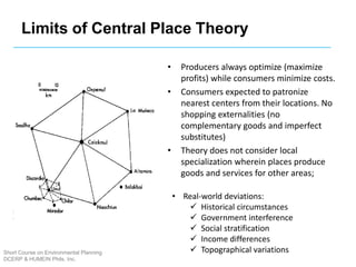 • Producers always optimize (maximize
profits) while consumers minimize costs.
• Consumers expected to patronize
nearest centers from their locations. No
shopping externalities (no
complementary goods and imperfect
substitutes)
• Theory does not consider local
specialization wherein places produce
goods and services for other areas;
• Real-world deviations:
 Historical circumstances
 Government interference
 Social stratification
 Income differences
 Topographical variations
Short Course on Environmental Planning
DCERP & HUMEIN Phils. Inc.
Limits of Central Place Theory
 
