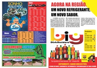 AGORA NA REGIÃO. 
UM NOVO REFRIGERANTE, 
UM NOVO SABOR. 
MG. A empresa conta ainda com 
u m a r e d e d e d i s t r i b u i ç ã o 
t e r c e i r i z a d a , p a r c e i r o s d e 
t r a n s p o r t e s e c e n t r o s d e 
distribuição ao pequeno e grande 
cliente. A AJEBRAS comercializa 
sua linha de refrigerantes Aje Big: 
Big Cola, Big Guaraná, Big Cola 
A AJEBRAS, com sede no 
Rio de Janeiro, iniciou suas 
atividades no país em 2011. Sua 
fábrica - com mais de 16 mil m² no 
município de Queimados (RJ) 
possui capacidade para produzir 
cerca de 80 mil garrafas por hora 
e atua no estados do RJ, ES, SP e 
Limão e a Big Laranja. Esses 
produtos são produzidos nas 
versões pet de 500ml, 2 litros e 3 
litros. A AJEBRAS tem planos 
p a ra e x p a n d i r s ua á r e a d e 
atuação e seu portifólio em 
breve. 
EXPERIMENTE. SABOR IRRESISTÍVEL 
A VENDA EM BARES, LANCHONETES, RESTAURANTES E SUPERMERCADOS DE TODA A REGIÃO. 
Motos Valor 36 meses 50 meses 
LLLOOOTTTEEEAAAMMMEEENNNTTTOOO SSSIIILLLVVVEEEIIIRRRAAA 
Lançamento 
Promocional 
de Vendasde Vendas 
LLootteess Lotes ddee de 224400mm240m²,, , ccoomm com fifinnaanncciiaammeennttoo financiamento pprróópprriioo,, 
próprio, 
sem burocracia e com parcelas a partir de R$ 500,00. 
Financiamento direto com o proprietário dos lotes 
com parcelas que se encaixam no seu orçamento. 
sseemm bbuurrooccrraacciiaa ee ccoomm ppaarrcceellaass aa ppaarrttiirr ddee RR$$ 550000,,0000.. 
>Venha morar ou investir num dos locais que mais cresce na região@ 
VVVEEENNNDDDAAASSS::: (((333333))) 888888777999---000666999111 /// (((333333))) 888888333999---999555444777 
Lotes a partir 
partirLotes de R$ 30.000,00 
Confira todos os planos 
Valor 36 meses 50 meses 
Crédito 1ª parcela 2ª a 36ª parcela 1ª parcela 2ª a 50ª parcela 
6.500,00 
277,12 
212,11 
218,47 
153,47 
7.500,00 
319,74 
233,74 
252,08 
17708 
8.300,00 
353,84 
270,84 
278,96 
195,96 
10.000,00 
426,32 
326,32 
336,10 
236,10 
12.000,00 
511,58 
391,58 
403,32 
283,32 
13.000,00 
554,21 
424,21 
436,99 
306,99 
Valor 50 meses 60 meses 
Crédito 1ª parcela 2ª a 36ª parcela 1ª parcela 2ª a 50ª parcela 
15.000,00 
504,15 
354,15 
446,16 
296,16 
20.000,00 
672,20 
472,20 
594,87 
394,87 
25.000,00 
840,25 
590,25 
743,59 
493,59 
30.000,00 
1.008,30 
708,30 
892,31 
592,31 
Valor 70 meses 80 meses 
Crédito 1ª parcela 2ª a 36ª parcela 1ª parcela 2ª a 50ª parcela 
40.000,00 
1.079,28 
679,28 
996,40 
596,40 
50.000,00 
1.349,10 
849,10 
1.245,50 
745,50 
60.000,00 
1.618,92 
1.018,92 
1.494,60 
894,60 
70.000,00 
1.888,74 
1.188,74 
1.743,70 
1.043,70 
Valor 36 meses 50 meses 
Crédito 1ª parcela 2ª a 36ª parcela 1ª parcela 2ª a 50ª parcela 
80.000,00 
3.321,66 
2.521,66 
2.640,80 
1.840,80 
90.000,00 
3.736,86 
2.836,86 
2.970,90 
2.070,90 
Autos 
Dicas do Gênio 
Serve para Motos novas ou usadas 
Lance embutido de 30% 
Parcelas reajustáveis ou xas 
Sorteio, lance livre e lance xo de 30% 
Possibilidade de escolher qualquer marca 
É possível adquirir motos com até 5 anos de uso 
Créditos a partir de R$ 6.500,00 
Planos até 80 meses 
Não cobra juros e sim taxa de administração 
que é bem mais barata 
Seguro de vida incluso nas parcelas 
Taxa de adesão de 1% sobre o valor do crédito 
Investimento ideal para empresários que 
querem trocar a frota 
Veja o comparativo em 50 meses 
Consórcio Financiamento 
2,5% a.m. + TC R$ 500,00 
Plano Parcela Valor total 
6.500,00 
153,47 
7.673,50 
7.500,00 
177,08 
8.854,00 
8.300,00 
195,96 
9.798,00 
10.000,00 
236,10 
11.805,00 
12.000,00 
283,32 
14.166,00 
13.000,00 
306,93 
15.345,50 
Parcela Valor total 
229,18 
264,44 
292,64 
352,58 
423,10 
458,35 
11.459,00 
13.222,00 
14.632,00 
17.629,00 
21.155,00 
22.917,50 
Crédito 1ª parcela 2ª a 36ª parcela 1ª parcela 2ª a 50ª parcela 
6.500,00 
277,12 
212,11 
218,47 
153,47 
7.500,00 
319,74 
233,74 
252,08 
17708 
8.300,00 
353,84 
270,84 
278,96 
195,96 
10.000,00 
426,32 
326,32 
336,10 
236,10 
12.000,00 
511,58 
391,58 
403,32 
283,32 
13.000,00 
554,21 
424,21 
436,99 
306,99 
Valor 50 meses 60 meses 
Crédito 1ª parcela 2ª a 36ª parcela 1ª parcela 2ª a 50ª parcela 
15.000,00 
20.000,00 
25.000,00 
30.000,00 
504,15 
672,20 
840,25 
1.008,30 
354,15 
472,20 
590,25 
708,30 
446,16 
594,87 
743,59 
892,31 
296,16 
394,87 
493,59 
592,31 
