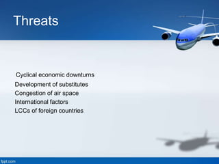 Threats
Cyclical economic downturns
Development of substitutes
Congestion of air space
International factors
LCCs of foreign countries
 