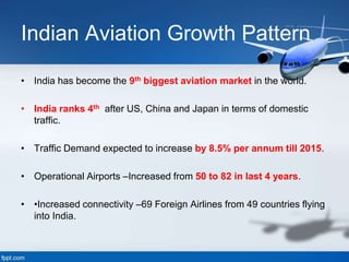 Indian Aviation Growth Pattern
• India has become the 9th biggest aviation market in the world.
• India ranks 4th after US, China and Japan in terms of domestic
traffic.
• Traffic Demand expected to increase by 8.5% per annum till 2015.
• Operational Airports –Increased from 50 to 82 in last 4 years.
• •Increased connectivity –69 Foreign Airlines from 49 countries flying
into India.
 