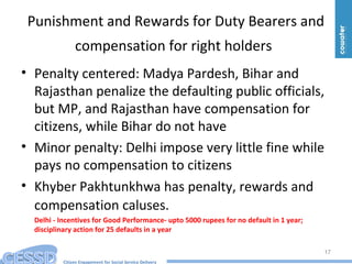 Citizen Engagement for Social Service Delivery
Punishment and Rewards for Duty Bearers and
compensation for right holders
• Penalty centered: Madya Pardesh, Bihar and
Rajasthan penalize the defaulting public officials,
but MP, and Rajasthan have compensation for
citizens, while Bihar do not have
• Minor penalty: Delhi impose very little fine while
pays no compensation to citizens
• Khyber Pakhtunkhwa has penalty, rewards and
compensation caluses.
Delhi - Incentives for Good Performance- upto 5000 rupees for no default in 1 year;
disciplinary action for 25 defaults in a year
17
 