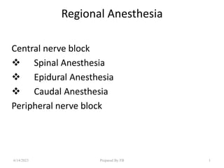 Regional Anesthesia
Central nerve block
 Spinal Anesthesia
 Epidural Anesthesia
 Caudal Anesthesia
Peripheral nerve block
6/14/2023 1
Prepared By FB
 