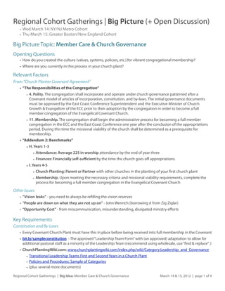 Regional Cohort Gatherings | Big Picture (+ Open Discussion)
    • Wed March 14: NY/NJ Metro Cohort
    • Thu March 15: Greater Boston/New England Cohort

Big Picture Topic: Member Care & Church Governance
Opening Questions
    • How do you created the culture (values, systems, policies, etc.) for vibrant congregational membership?
    • Where are you currently in this process in your church plant?

Relevant Factors
From “Church Planter Covenant Agreement”
    • “The Responsibilities of the Congregation”
        • 4. Polity. The congregation shall incorporate and operate under church governance patterned after a
          Covenant model of articles of incorporation, constitution, and by-laws. The initial governance documents
          must be approved by the East Coast Conference Superintendent and the Executive Minister of Church
          Growth & Evangelism of the ECC prior to their adoption by the congregation in order to become a full
          member congregation of the Evangelical Covenant Church.
        • 11. Membership. The congregation shall begin the administrative process for becoming a full member
          congregation in the ECC and the East Coast Conference one year after the conclusion of the appropriations
          period. During this time the missional viability of the church shall be determined as a prerequisite for
          membership.
    • “Addendum 2: Benchmarks”
        • H. Years 1-3
             • Attendance: Average 225 in worship attendance by the end of year three
              • Finances: Financially self-suﬃcient by the time the church goes oﬀ appropriations
        • I. Years 4-5
              • Church Planting: Parent or Partner with other churches in the planting of your ﬁrst church plant
            • Membership. Upon meeting the necessary criteria and missional viability requirements, complete the
              process for becoming a full member congregation in the Evangelical Covenant Church

Other Issues
    • “Vision leaks” - you need to always be reﬁlling the vision reserves
    • “People are down on what they are not up on” - John Wenrich (borrowing it from Zig Ziglar)
    • “Opportunity Cost” - from miscommunication, misunderstanding, dissipated ministry eﬀorts

Key Requirements
Constitution and By-Laws
    • Every Covenant Church Plant must have this in place before being received into full membership in the Covenant
    • bit.ly/sampleconstitution - The approved “Leadership Team Form” with (an approved) adaptation to allow for
      additional pastoral staﬀ as a minority of the Leadership Team (recommend using wholesale, use “ﬁnd & replace” :)
    • ChurchPlantingWiki.com: www.churchplantingwiki.com/index.php/wiki/Category:Leadership_and_Governance
        • Transitional Leadership Teams First and Second Years in a Church Plant
        • Policies and Procedures: Sample of Categories
        • (plus several more documents)

Regional Cohort Gatherings | Big Idea: Member Care & Church Governance                   March 14 & 15, 2012 | page 1 of 4
 