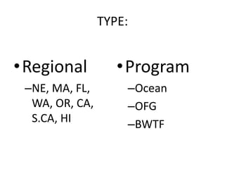 TYPE:
•Regional
–NE, MA, FL,
WA, OR, CA,
S.CA, HI
•Program
–Ocean
–OFG
–BWTF
 