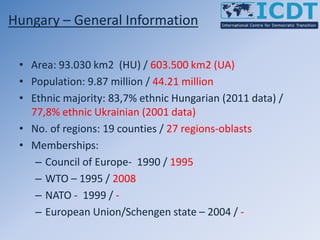 Hungary – General Information
• Area: 93.030 km2 (HU) / 603.500 km2 (UA)
• Population: 9.87 million / 44.21 million
• Ethn...