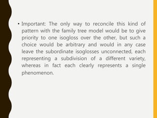 • Important: The only way to reconcile this kind of
pattern with the family tree model would be to give
priority to one isogloss over the other, but such a
choice would be arbitrary and would in any case
leave the subordinate isoglosses unconnected, each
representing a subdivision of a different variety,
whereas in fact each clearly represents a single
phenomenon.
 