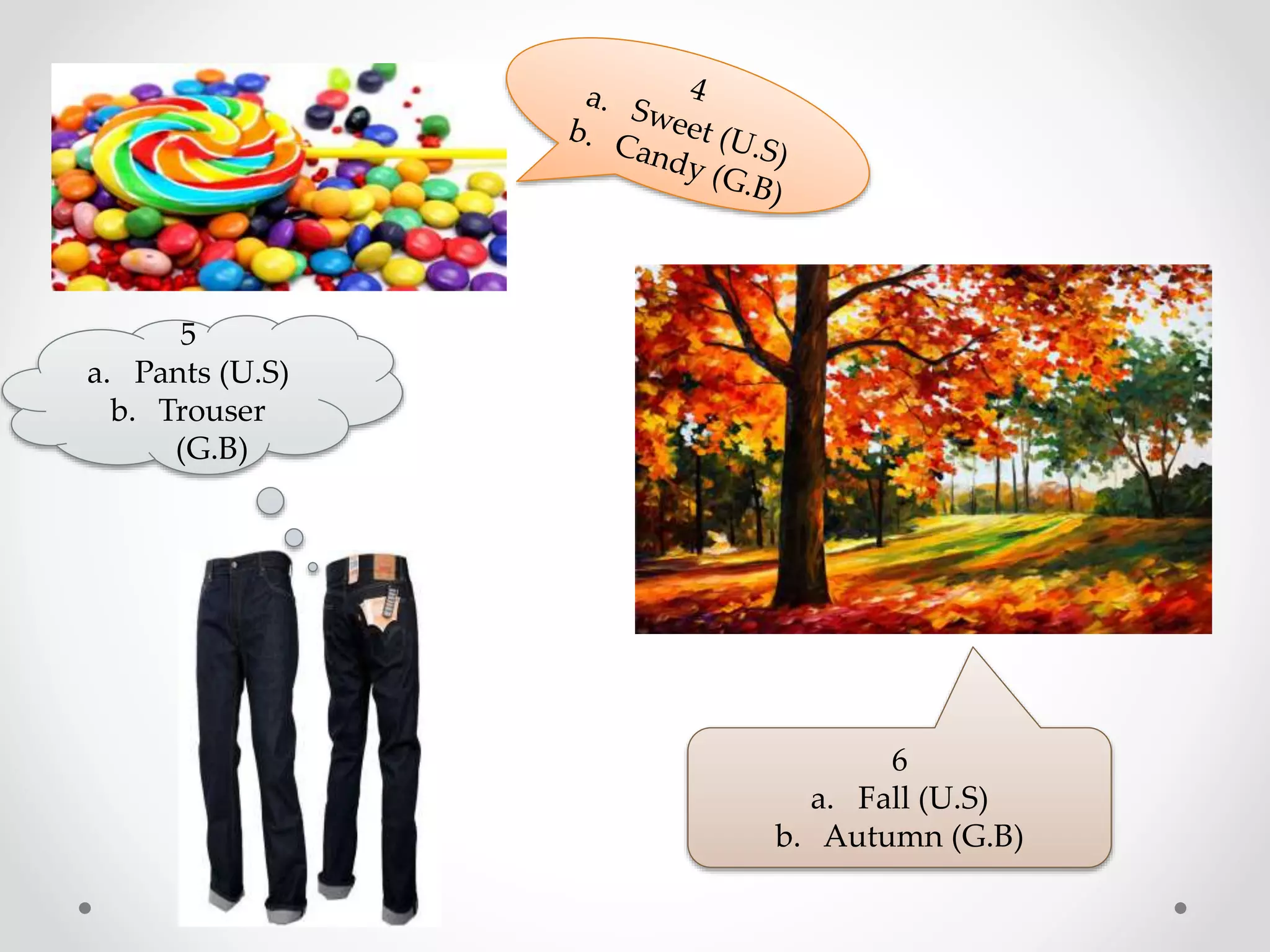 5
a. Pants (U.S)
b. Trouser
(G.B)
6
a. Fall (U.S)
b. Autumn (G.B)
 