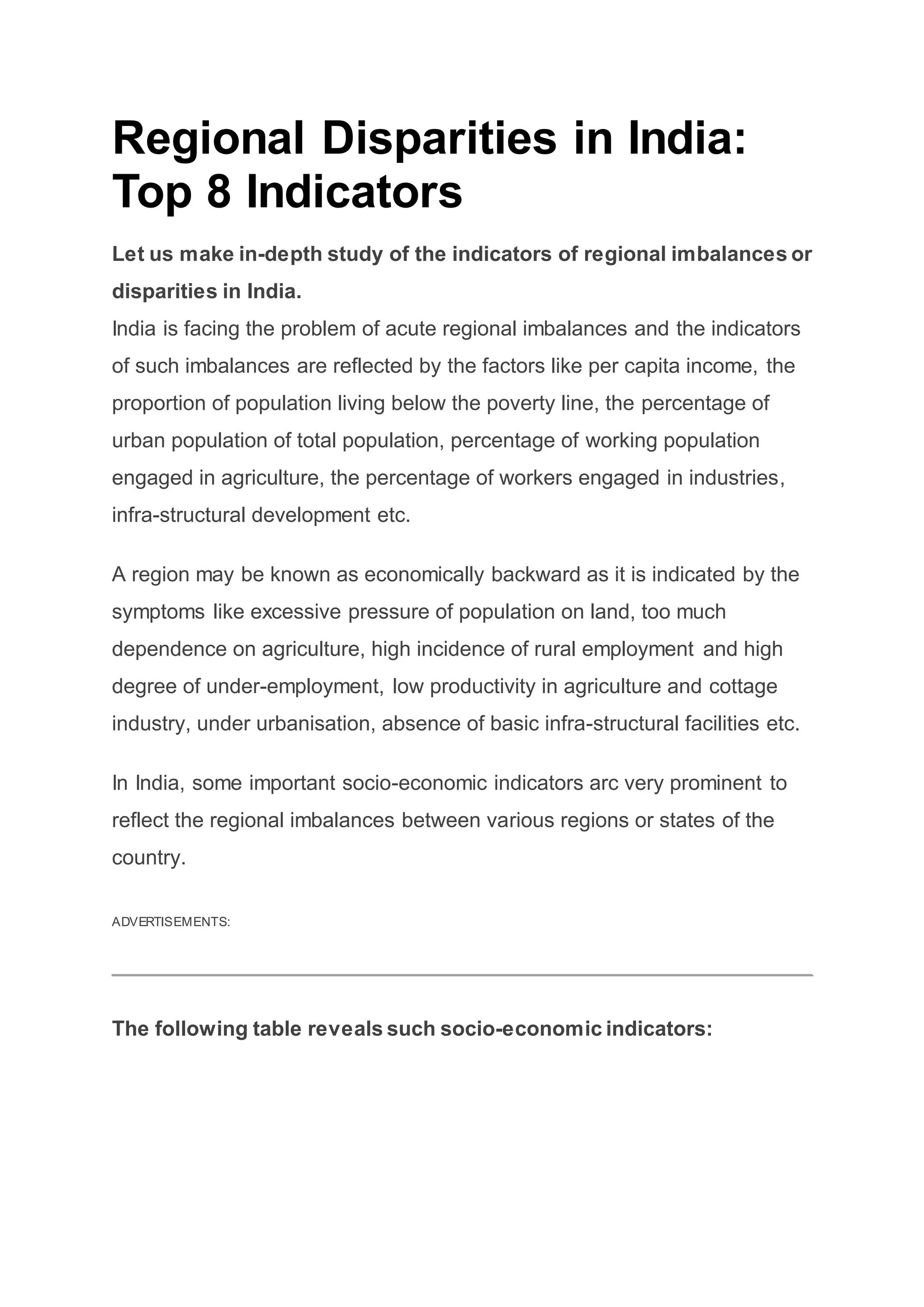 Regional disparities in india | DOCX