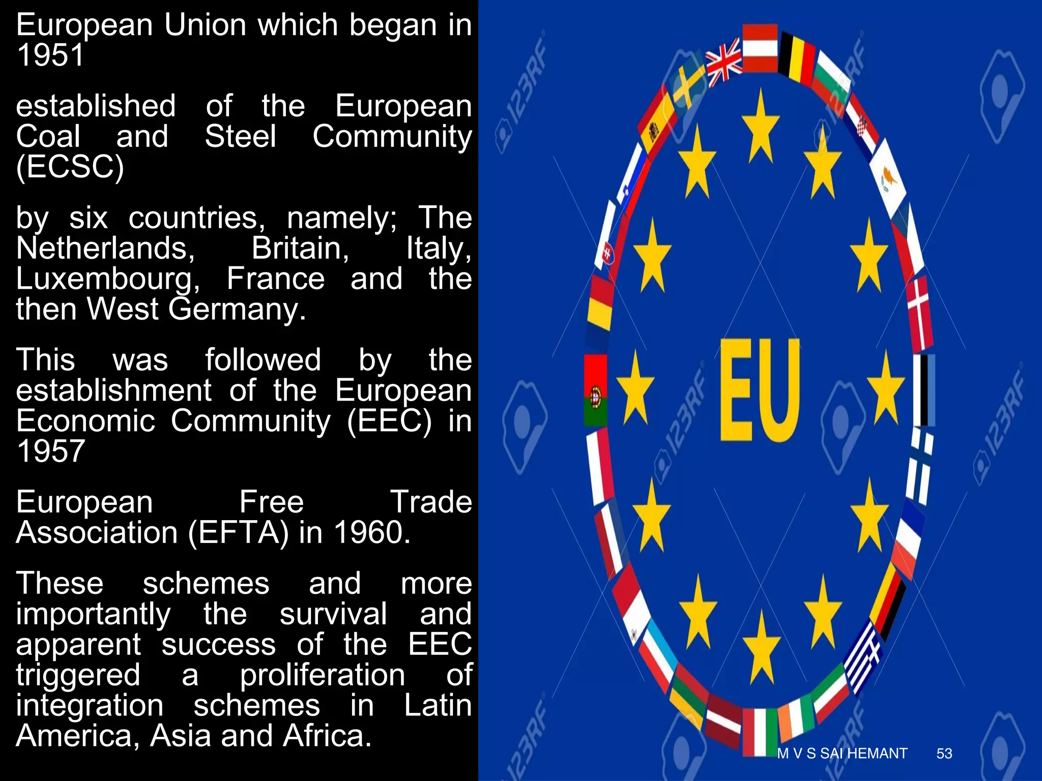 European Union which began in
1951
established of the European
Coal and Steel Community
(ECSC)
by six countries, namely; The
Netherlands, Britain, Italy,
Luxembourg, France and the
then West Germany.
This was followed by the
establishment of the European
Economic Community (EEC) in
1957
European Free Trade
Association (EFTA) in 1960.
These schemes and more
importantly the survival and
apparent success of the EEC
triggered a proliferation of
integration schemes in Latin
America, Asia and Africa. M V S SAI HEMANT 53
 