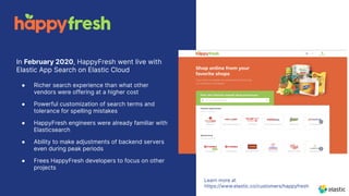 63
Learn more at
https://www.elastic.co/customers/happyfresh
In February 2020, HappyFresh went live with
Elastic App Search on Elastic Cloud
● Richer search experience than what other
vendors were offering at a higher cost
● Powerful customization of search terms and
tolerance for spelling mistakes
● HappyFresh engineers were already familiar with
Elasticsearch
● Ability to make adjustments of backend servers
even during peak periods
● Frees HappyFresh developers to focus on other
projects
 