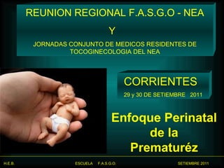 Enfoque Perinatal  de la  Prematuréz   CORRIENTES  29 y 30 DE SETIEMBRE  2011 REUNION REGIONAL F.A.S.G.O - NEA Y  JORNADAS CONJUNTO DE MEDICOS RESIDENTES DE TOCOGINECOLOGIA DEL NEA 