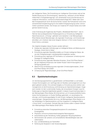 18                              Kurzfassung Energiekonzept Metropolregion Rhein-Neckar



     der intelligenten Netze. Die Entwicklung von intelligenten Stromnetzen zielt auf die
     flexible Steuerung von Stromerzeugung, -speicherung, -verbrauch und der Netzbe-
     triebsmittel in Energieübertragungs- und -verteilnetzen durch eine Vernetzung mit
     moderner Informations- und Kommunikationstechnologie (IKT). Neben dem varia-
     blen Energieverbrauch durch die Konsumenten müssen die Fluktuationen durch eine
     schwankende Energieerzeugung für eine stabile Energieversorgung sicher und kon-
     trolliert verarbeitet werden. Der Einsatz von moderner IKT erlaubt hierbei eine intelli-
     gentere Systemnutzung.

     Unter Einbindung der Ergebnisse des Projekts „Modellstadt Mannheim“, das im
     Rahmen des bundespolitischen Förderprogramms zur Entwicklung intelligenter
     Netzinfrastrukturen „E-Energy“ gefördert wird, bestehen in der Metropolregion
     Rhein-Neckar derzeit Bestrebungen, die regionalen Forschungs- und Entwicklungs-
     aktivitäten und -initiativen über einen längeren Zeitraum in Form eines Clusters zu
     Smart Grids zu vernetzen.

     Als mögliche Aufgaben dieses Clusters werden definiert:
     •• 	 nalyse der regionalen Anforderungen an intelligente Netze und Ableitung einer
         A
         Strategie „Smart Grid im Delta“
     •• 	 ntwicklung regionaler Geschäftsmodelle zum Einsatz intelligenter Netze, die
         E
         von den Energieversorgern netzübergreifend angeboten werden
     •• 	 ntwicklung einer regionalen IKT-Architektur zur sukzessiven Umsetzung einer
         E
         Strategie für intelligente Netze
     •• 	 ntwicklung eines regionalen Betreiber-Ansatzes „Smart Grid Rhein-Neckar“,
         E
         der als integrierte Infrastruktur den lokalen Nutzern diskriminierungsfrei zur
         Verfügung gestellt wird
     •• 	 bstimmung und Verfassung eines regionalen Umsetzungskonzeptes „Smart
         A
         Grid Rhein-Neckar 2013-2020“
     •• 	 msetzung der Regionalstrategie „Smart Grid Rhein-Neckar“
         U



     6.3	    Speichertechnologien

     Um die Versorgungssicherheit zu gewährleisten und Netzschäden zu vermeiden,
     müssen Stromangebot und -nachfrage über ein flexibles Lastmanagement zum Aus-
     gleich gebracht werden. Eine zentrale Aufgabe zur Entwicklung eines solchen Last-
     managements ist die Entwicklung und Einbindung von Speichertechnologien. Insge-
     samt werden mit dem zunehmenden Ausbau der erneuerbaren Energien neue An-
     forderungen an Speichermöglichkeiten gestellt. In diesem Zusammenhang haben in
     der Metropolregion Rhein-Neckar 26 Unternehmen und 12 wissenschaftliche Institu-
     tionen ihre Kompetenzen im Cluster StoREgio gebündelt, um verschiedene For-
     schungs- und Entwicklungsaufgaben für den Einsatz intelligenter Speichersysteme
     voranzubringen. Übergeordnetes Ziel ist es, die Metropolregion Rhein-Neckar zu ei-
     ner Vorbildregion für Speichersysteme und ihrer Integration in intelligente Netze
     („Smart Grids”) zu entwickeln. Zentrale Ziele des Clusters sollen in diesem Kontext
     sein (Metropolregion Rhein-Neckar GmbH 2011):

     •• 	 ntwicklung stationärer Energiespeichersysteme für verschiedene
        E
        Einsatzgebiete
     •• 	 hysische und kommunikationstechnologische Netzintegration
        P
     •• 	ndustrialisierung der Herstellung, Aufbau geeigneter Recycling-Verfahren
        I
     •• 	 emonstration der sicheren und wirtschaftlichen Betriebsfähigkeit über den
        D
        Lebenszyklus
     •• 	 us- und Weiterbildung von Fachkräften
        A
     •• 	 icherung der Akzeptanz in den Nutzerzielgruppen
        S
 