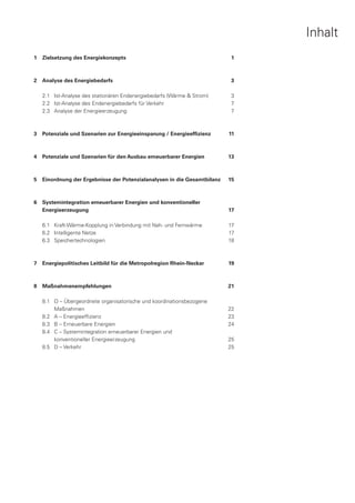 Inhalt
1	 Zielsetzung des Energiekonzepts                                        1



2	 Analyse des Energiebedarfs                                             3

   2.1	 Ist-Analyse des stationären Endenergiebedarfs (Wärme  Strom)     3
   2.2	 Ist-Analyse des Endenergiebedarfs für Verkehr                     7
   2.3	 Analyse der Energieerzeugung                                      7



3	 Potenziale und Szenarien zur Energieeinsparung / Energieeffizienz     11



4	 Potenziale und Szenarien für den Ausbau​​erneuerbarer Energien        13



5	 Einordnung der Ergebnisse der Potenzialanalysen in die Gesamtbilanz   15



6	 Systemintegration erneuerbarer Energien und konventioneller
	 Energieerzeugung                                                       17

   6.1	 Kraft-Wärme-Kopplung in Verbindung mit Nah- und Fernwärme        17
   6.2	 Intelligente Netze                                               17
   6.3	 Speichertechnologien                                             18



7	 Energiepolitisches Leitbild für die Metropolregion Rhein-Neckar       19



8	 Maßnahmenempfehlungen                                                 21

   8.1	   O – Übergeordnete organisatorische und koordinationsbezogene
   	      Maßnahmen                                                      22
   8.2	   A – Energieeffizienz                                           23
   8.3	   B – Erneuerbare Energien                                       24
   8.4	   C – Systemintegration erneuerbarer Energien und 			
   	      konventioneller Energieerzeugung                               25
   8.5	   D – Verkehr                                                    25
 
