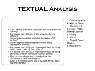 TEXTUAL Analysis
1.	Cinematography
2.	Mise-en-Scene
Characters	&													
Costume,	Props,				
Setting/Location
3.	Editing
4.	Sound
Diegetic	Sound				
(Dialect,	
Colloquialisms)
 