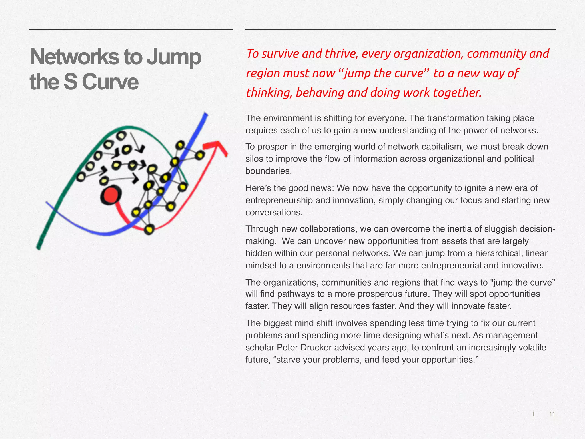 | 11
NetworkstoJump
theSCurve
To survive and thrive, every organization, community and
region must now “jump the curve” to a new way of
thinking, behaving and doing work together.
The environment is shifting for everyone. The transformation taking place
requires each of us to gain a new understanding of the power of networks.
To prosper in the emerging world of network capitalism, we must break down
silos to improve the flow of information across organizational and political
boundaries.
Here’s the good news: We now have the opportunity to ignite a new era of
entrepreneurship and innovation, simply changing our focus and starting new
conversations.
Through new collaborations, we can overcome the inertia of sluggish decision-
making. We can uncover new opportunities from assets that are largely
hidden within our personal networks. We can jump from a hierarchical, linear
mindset to a environments that are far more entrepreneurial and innovative.
The organizations, communities and regions that find ways to "jump the curve”
will find pathways to a more prosperous future. They will spot opportunities
faster. They will align resources faster. And they will innovate faster.
The biggest mind shift involves spending less time trying to fix our current
problems and spending more time designing what’s next. As management
scholar Peter Drucker advised years ago, to confront an increasingly volatile
future, “starve your problems, and feed your opportunities.”
 