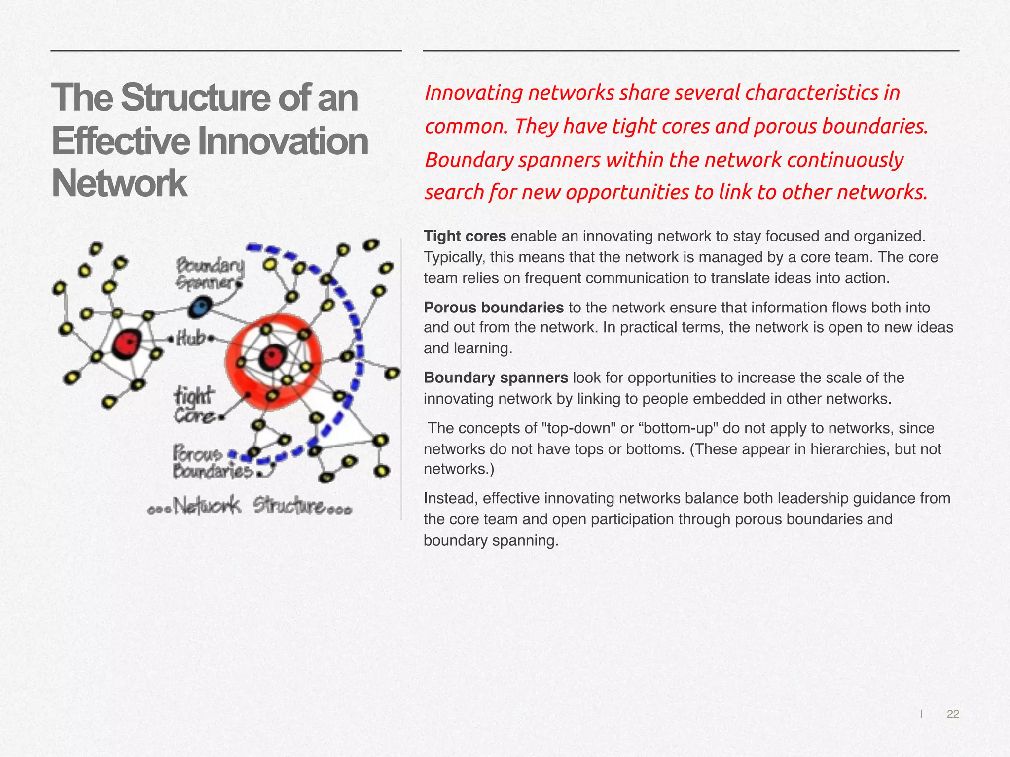 | 22
TheStructureofan
EffectiveInnovation
Network
Innovating networks share several characteristics in
common. They have tight cores and porous boundaries.
Boundary spanners within the network continuously
search for new opportunities to link to other networks.
Tight cores enable an innovating network to stay focused and organized.
Typically, this means that the network is managed by a core team. The core
team relies on frequent communication to translate ideas into action.
Porous boundaries to the network ensure that information flows both into
and out from the network. In practical terms, the network is open to new ideas
and learning.
Boundary spanners look for opportunities to increase the scale of the
innovating network by linking to people embedded in other networks.
The concepts of "top-down" or “bottom-up" do not apply to networks, since
networks do not have tops or bottoms. (These appear in hierarchies, but not
networks.)
Instead, effective innovating networks balance both leadership guidance from
the core team and open participation through porous boundaries and
boundary spanning.
 