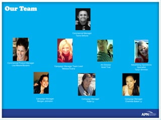 Our Team

Commercial Manager
Tama Sefuiva

Commercial Product Manager
Lisa Moore-Bocarro

Campaign Manager Team Lead
Melissa Evans

Campaign Manager
Morgan Johnston

Campaign Manager
Katie Ly

Art Director
Scott True

Advertising Operations
Specialist
Taryn Simmen

Campaign Manager
Charlotte Baker Ly

 