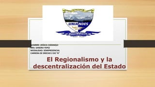 El Regionalismo y la
descentralización del Estado
NOMBRE: JESSICA CARANQUI
DRA: SANDRA YEPEZ
MODALIDAD: SEMIPRESENCIAL
CARRERA DE DRECHO 2 DO “A”
 