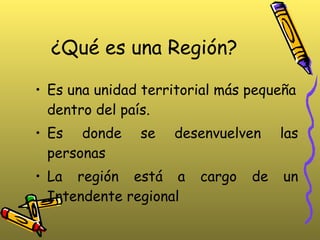 ¿Qué es una Región? Es una unidad territorial más pequeña dentro del país. Es donde se desenvuelven las personas La región está a cargo de un Intendente regional 