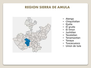 REGION SIERRA DE AMULA
• Atengo
• Chiquilistlan
• Ejutla
• El grullo
• El limon
• Juchitlan
• Tecolotlan
• Tenamaxtlan
• Tonaya
• Tuxcacuesco
• Union de tula
 