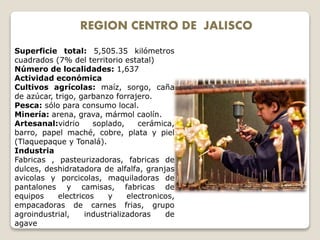 REGION CENTRO DE JALISCO
Superficie total: 5,505.35 kilómetros
cuadrados (7% del territorio estatal)
Número de localidades: 1,637
Actividad económica
Cultivos agrícolas: maíz, sorgo, caña
de azúcar, trigo, garbanzo forrajero.
Pesca: sólo para consumo local.
Minería: arena, grava, mármol caolín.
Artesanal:vidrio soplado, cerámica,
barro, papel maché, cobre, plata y piel
(Tlaquepaque y Tonalá).
Industria
Fabricas , pasteurizadoras, fabricas de
dulces, deshidratadora de alfalfa, granjas
avicolas y porcicolas, maquiladoras de
pantalones y camisas, fabricas de
equipos electricos y electronicos,
empacadoras de carnes frias, grupo
agroindustrial, industrializadoras de
agave
 