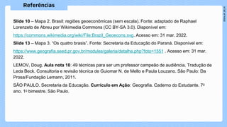 Slide 10 – Mapa 2. Brasil: regiões geoeconômicas (sem escala). Fonte: adaptado de Raphael
Lorenzeto de Abreu por Wikimedia Commons (CC BY-SA 3.0). Disponível em:
https://commons.wikimedia.org/wiki/File:Brazil_Geoecons.svg. Acesso em: 31 mar. 2022.
Slide 13 – Mapa 3. “Os quatro brasis”. Fonte: Secretaria da Educação do Paraná. Disponível em:
https://www.geografia.seed.pr.gov.br/modules/galeria/detalhe.php?foto=1551 . Acesso em: 31 mar.
2022.
LEMOV, Doug. Aula nota 10: 49 técnicas para ser um professor campeão de audiência. Tradução de
Leda Beck. Consultoria e revisão técnica de Guiomar N. de Mello e Paula Louzano. São Paulo: Da
Prosa/Fundação Lemann, 2011.
SÃO PAULO. Secretaria da Educação. Currículo em Ação: Geografia. Caderno do Estudante. 7o
ano. 1o bimestre. São Paulo.
 