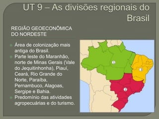 REGIÃO GEOECONÔMICA
DO NORDESTE

   Área de colonização mais
    antiga do Brasil.
   Parte leste do Maranhão,
    norte de Minas Gerais (Vale
    do Jequitinhonha), Piauí,
    Ceará, Rio Grande do
    Norte, Paraíba,
    Pernambuco, Alagoas,
    Sergipe e Bahia.
   Predomínio das atividades
    agropecuárias e do turismo.
 