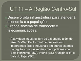  Desenvolvida infraestrutura para atender à
  economia e à população.
 Grande sistema de transporte e
  telecomunicações.

  • A atividade industrial tem se expandido além do
   eixo Rio-São Paulo. Tanto é que existem
   importantes áreas industriais em outros estados
   da região, como as regiões metropolitanas de
   Belo Horizonte (MG), Vitória (ES), Curitiba (PR) e
   Vale do Itajaí (SC).
 