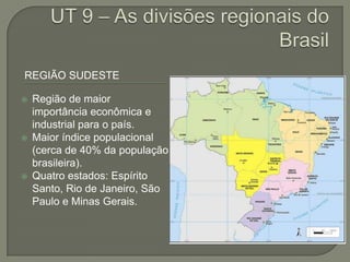 REGIÃO SUDESTE
 Região de maior
importância econômica e
industrial para o país.
 Maior índice populacional
(cerca de 40% da população
brasileira).
 Quatro estados: Espírito
Santo, Rio de Janeiro, São
Paulo e Minas Gerais.
 