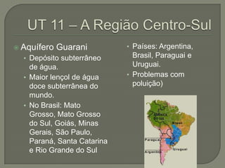  Aquífero Guarani
• Depósito subterrâneo
de água.
• Maior lençol de água
doce subterrânea do
mundo.
• No Brasil: Mato
Grosso, Mato Grosso
do Sul, Goiás, Minas
Gerais, São Paulo,
Paraná, Santa Catarina
e Rio Grande do Sul
• Países: Argentina,
Brasil, Paraguai e
Uruguai.
• Problemas com
poluição)
 