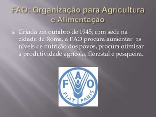 

Criada em outubro de 1945, com sede na
cidade de Roma, a FAO procura aumentar os
níveis de nutrição dos povos, procura otimizar
a produtividade agrícola, florestal e pesqueira.

 