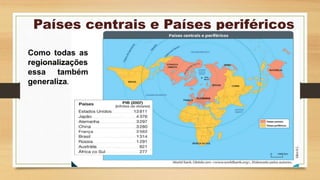 Países centrais e Países periféricos
Como todas as
regionalizações
essa também
generaliza.