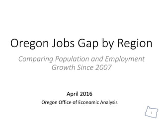 1
Oregon Jobs Gap by Region
Comparing Population and Employment
Growth Since 2007
April 2016
Oregon Office of Economic Analysis
 