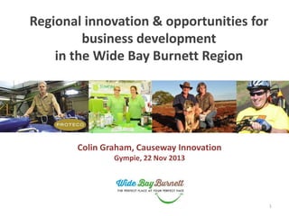 1
Regional innovation & opportunities for
business development
in the Wide Bay Burnett Region
Colin Graham, Causeway Innovation
Gympie, 22 Nov 2013
 