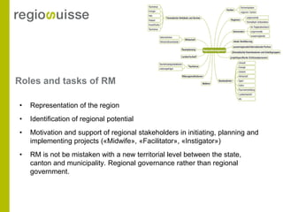 Roles and tasks of RM

•   Representation of the region
•   Identification of regional potential
•   Motivation and support of regional stakeholders in initiating, planning and
    implementing projects («Midwife», «Facilitator», «Instigator»)
•   RM is not be mistaken with a new territorial level between the state,
    canton and municipality. Regional governance rather than regional
    government.
 