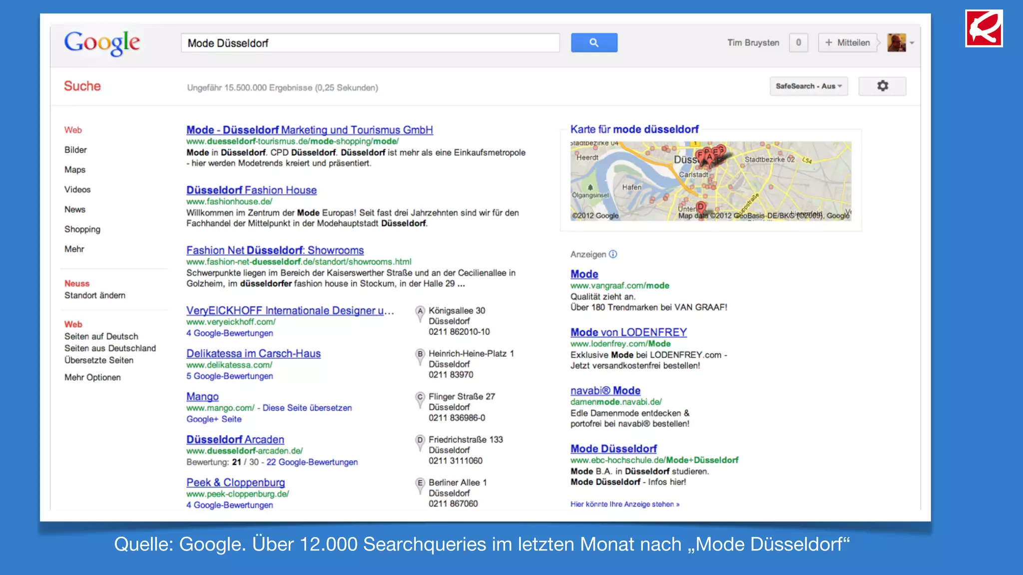 Quelle: Google. Über 12.000 Searchqueries im letzten Monat nach „Mode Düsseldorf“
 