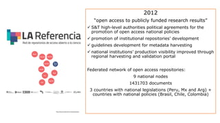 2012
“open access to publicly funded research results”
S&T high-level authorities political agreements for the
promotion of open access national policies
promotion of institutional repositories’ development
guidelines development for metadata harvesting
national institutions’ production visibility improved through
regional harvesting and validation portal
Federated network of open access repositories:
9 national nodes
1431703 documents
3 countries with national legislations (Peru, Mx and Arg) +
countries with national policies (Brasil, Chile, Colombia)
http://www.lareferencia.info/joomla/en/
 