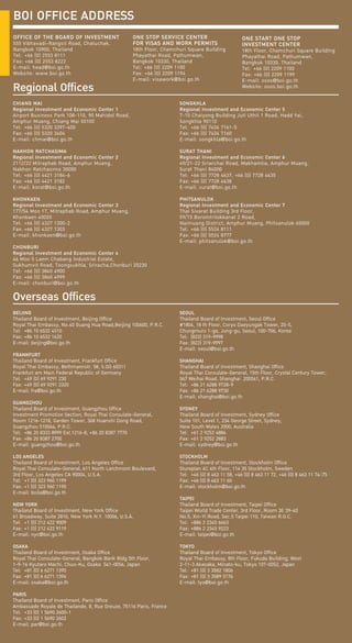 BOI OFFICE ADDRESS
OFFICE OF THE BOARD OF INVESTMENT
555 Vibhavadi-Rangsit Road, Chatuchak,
Bangkok 10900, Thailand
Tel: +66 (0) 2553 8111
Fax: +66 (0) 2553 8222
E-mail: head@boi.go.th
Website: www.boi.go.th

Regional Offices

ONE STOP SERVICE CENTER
FOR VISAS AND WORK PERMITS

18th Floor, Chamchuri Square Building
Phayathai Road, Pathumwan,
Bangkok 10330, Thailand
Tel: +66 (0) 2209 1100
Fax: +66 (0) 2209 1194
E-mail: visawork@boi.go.th

ONE START ONE STOP
INVESTMENT CENTER

18th Floor, Chamchuri Square Building
Phayathai Road, Pathumwan,
Bangkok 10330, Thailand
Tel: +66 (0) 2209 1100
Fax: +66 (0) 2209 1199
E-mail: osos@boi.go.th
Website: osos.boi.go.th

CHIANG MAI
Regional Investment and Economic Center 1
Airport Business Park 108-110, 90 Mahidol Road,
Amphur Muang, Chiang Mai 50100
Tel: +66 (0) 5320 3397-400
Fax: +66 (0) 5320 3404
E-mail: chmai@boi.go.th

SONGKHLA
Regional Investment and Economic Center 5
7-15 Chaiyong Building Juti Uthit 1 Road, Hadd Yai,
Songkhla 90110
Tel: +66 (0) 7434 7161-5
Fax: +66 (0) 7434 7160
E-mail: songkhla@boi.go.th

NAKHON RATCHASIMA
Regional Investment and Economic Center 2
2112/22 Mitraphab Road, Amphur Muang,
Nakhon Ratchasima 30000
Tel: +66 (0) 4421 3184-6
Fax: +66 (0) 4421 3182
E-mail: korat@boi.go.th

SURAT THANI
Regional Investment and Economic Center 6
49/21-22 Sriwichai Road, Makhamtia, Amphur Muang,
Surat Thani 84000
Tel: +66 (0) 7728 4637, +66 (0) 7728 4435
Fax: +66 (0) 7728 4638
E-mail: surat@boi.go.th

KHONKAEN
Regional Investment and Economic Center 3
177/54 Moo 17, Mitraphab Road, Amphur Muang,
Khonkaen 40000
Tel: +66 (0) 4327 1300-2
Fax: +66 (0) 4327 1303
E-mail: khonkaen@boi.go.th

PHITSANULOK
Regional Investment and Economic Center 7
Thai Sivarat Building 3rd Floor,
59/15 Boromtrilokkanat 2 Road,
Naimuang District, Amphur Muang, Phitsanulok 65000
Tel: +66 (0) 5524 8111
Fax: +66 (0) 5524 8777
E-mail: phitsanulok@boi.go.th

CHONBURI
Regional Investment and Economic Center 4
46 Moo 5 Laem Chabang Industrial Estate,
Sukhumvit Road, Toongsukhla, Sriracha,Chonburi 20230
Tel: +66 (0) 3840 4900
Fax: +66 (0) 3840 4999
E-mail: chonburi@boi.go.th

Overseas Offices
BEIJING
Thailand Board of Investment, Beijing Office
Royal Thai Embassy, No.40 Guang Hua Road,Beijing 100600, P.R.C.
Tel: +86 10 6532 4510
Fax: +86 10 6532 1620
E-mail: beijing@boi.go.th
FRANKFURT
Thailand Board of Investment, Frankfurt Office
Royal Thai Embassy, Bethmannstr. 58, 5.OG 60311
Frankfurt am Main Federal Republic of Germany
Tel: +49 (0) 69 9291 230
Fax: +49 (0) 69 9291 2320
E-mail: fra@boi.go.th
GUANGZHOU
Thailand Board of Investment, Guangzhou Office
Investment Promotion Section, Royal Thai Consulate-General,
Room 1216-1218, Garden Tower, 368 Huanshi Dong Road,
Guangzhou 510064, P.R.C.
Tel: +86 20 8333 8999 Ext.1216-8, +86 20 8387 7770
Fax: +86 20 8387 2700
E-mail: guangzhou@boi.go.th
LOS ANGELES
Thailand Board of Investment, Los Angeles Office
Royal Thai Consulate-General, 611 North Larchmont Boulevard,
3rd Floor, Los Angeles CA 90004, U.S.A.
Tel: +1 (0) 323 960 1199
Fax: +1 (0) 323 960 1190
E-mail: boila@boi.go.th

SEOUL
Thailand Board of Investment, Seoul Office
#1804, 18 th Floor, Coryo Daeyungak Tower, 25-5,
Chungmuro 1-ga, Jung-gu, Seoul, 100-706, Korea
Tel: (822) 319-9998
Fax: (822) 319-9997
E-mail: seoul@boi.go.th
SHANGHAI
Thailand Board of Investment, Shanghai Office
Royal Thai Consulate-General, 15th Floor, Crystal Century Tower,
567 Weihai Road, Shanghai 200041, P.R.C.
Tel: +86 21 6288 9728-9
Fax: +86 21 6288 9730
E-mail: shanghai@boi.go.th
SYDNEY
Thailand Board of Investment, Sydney Office
Suite 101, Level 1, 234 George Street, Sydney,
New South Wales 2000, Australia
Tel: +61 2 9252 4884
Fax: +61 2 9252 2883
E-mail: sydney@boi.go.th
STOCKHOLM
Thailand Board of Investment, Stockholm Office
Stureplan 4C 4th Floor, 114 35 Stockholm, Sweden
Tel: +46 (0) 8 463 11 58, +46 (0) 8 463 11 72, +46 (0) 8 463 11 74-75
Fax: +46 (0) 8 463 11 60
E-mail: stockholm@boi.go.th

NEW YORK
Thailand Board of Investment, New York Office
61 Broadway, Suite 2810, New York N.Y. 10006, U.S.A.
Tel: +1 (0) 212 422 9009
Fax: +1 (0) 212 422 9119
E-mail: nyc@boi.go.th

TAIPEI
Thailand Board of Investment, Taipei Office
Taipei World Trade Center, 3rd Floor, Room 3E 39-40
No.5, Xin-Yi Road, Sec.5 Taipei 110, Taiwan R.O.C.
Tel: +886 2 2345 6663
Fax: +886 2 2345 9223
E-mail: taipei@boi.go.th

OSAKA
Thailand Board of Investment, Osaka Office
Royal Thai Consulate-General, Bangkok Bank Bldg 5th Floor,
1-9-16 Kyutaro Machi, Chuo-Ku, Osaka 541-0056, Japan
Tel: +81 (0) 6 6271 1395
Fax: +81 (0) 6 6271 1394
E-mail: osaka@boi.go.th

TOKYO
Thailand Board of Investment, Tokyo Office
Royal Thai Embassy, 8th Floor, Fukuda Building, West
2-11-3 Akasaka, Minato-ku, Tokyo 107-0052, Japan
Tel: +81 (0) 3 3582 1806
Fax: +81 (0) 3 3589 5176
E-mail: tyo@boi.go.th

PARIS
Thailand Board of Investment, Paris Office
Ambassade Royale de Thailande, 8, Rue Greuze, 75116 Paris, France
Tel: +33 (0) 1 5690 2600-1
Fax: +33 (0) 1 5690 2602
E-mail: par@boi.go.th

 
