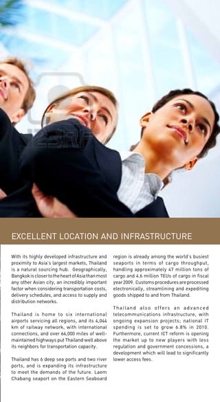 EXCELLENT LOCATION AND INFRASTRUCTURE
With its highly developed infrastructure and
proximity to Asia’s largest markets, Thailand
is a natural sourcing hub. Geographically,
Bangkok is closer to the heart of Asia than most
any other Asian city, an incredibly important
factor when considering transportation costs,
delivery schedules, and access to supply and
distribution networks.

region is already among the world’s busiest
seaports in terms of cargo throughput,
handling approximately 47 million tons of
cargo and 4.6 million TEUs of cargo in fiscal
year 2009. Customs procedures are processed
electronically, streamlining and expediting
goods shipped to and from Thailand.

Thailand also offers an advanced
telecommunications infrastructure, with
ongoing expansion projects; national IT
spending is set to grow 6.8% in 2010.
Furthermore, current ICT reform is opening
the market up to new players with less
regulation and government concessions, a
development which will lead to significantly
Thailand has 6 deep sea ports and two river lower access fees.
ports, and is expanding its infrastructure
to meet the demands of the future. Laem
Chabang seaport on the Eastern Seaboard
Thailand is home to six international
airports servicing all regions, and its 4,044
km of railway network, with international
connections, and over 64,000 miles of wellmaintained highways put Thailand well above
its neighbors for transportation capacity.

 