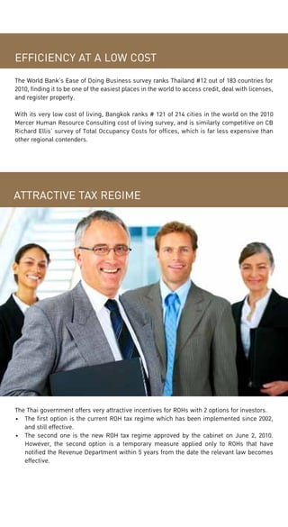 EFFICIENCY AT A LOW COST
The World Bank’s Ease of Doing Business survey ranks Thailand #12 out of 183 countries for
2010, finding it to be one of the easiest places in the world to access credit, deal with licenses,
and register property.
With its very low cost of living, Bangkok ranks # 121 of 214 cities in the world on the 2010
Mercer Human Resource Consulting cost of living survey, and is similarly competitive on CB
Richard Ellis’ survey of Total Occupancy Costs for offices, which is far less expensive than
other regional contenders.

ATTRACTIVE TAX REGIME

The Thai government offers very attractive incentives for ROHs with 2 options for investors.
•	 The first option is the current ROH tax regime which has been implemented since 2002,
and still effective.
•	 The second one is the new ROH tax regime approved by the cabinet on June 2, 2010.
However, the second option is a temporary measure applied only to ROHs that have
notified the Revenue Department within 5 years from the date the relevant law becomes
effective.

 