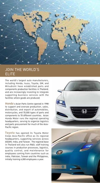 JOIN THE WORLD’S
ELITE
The world’s largest auto manufacturers,
including Honda, Isuzu, Toyota, GM, and
Mitsubishi have established parts and
components production facilities in Thailand,
and are increasingly investing to integrate
supporting business services with the
facilities where goods are produced.

Honda’s Asian Parts Centre opened in 1998

to support and oversee production, sales,
distribution, and export of automobiles,
motorcycles, and 70,000 types of parts and
components to 70 different countries. Asian
Honda Motor runs the regional operating
headquarters, serving to organize logistics
and parts procurement for much of the AsiaPacific region.

Toyota

has opened its Toyota Motor
Corps Asia-Pacific office as its regional
headquarters, supporting services across
ASEAN, India, and Taiwan. The regional base
in Thailand will also run R&D, staff training
courses in production processes, logistics,
quality control, and maintenance for
employees coming from countries such as
India, Pakistan, Taiwan and the Philippines,
initially training 4,000 employees a year.

 