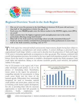 Regional Overview: Youth in the Arab Region
 •     One out of every five persons in the Arab Region is between 15-24 years old and more
       than half of the population is below the age of 25.
 •     Each year, over 500,000 people enter the labour market in the ESCWA region, most (90%)
       are youthi
 •     Arab countries have the highest regional youth unemployment rate in the world,
       particularly affecting young Arab femalesii
 •     Only half of the Arab youth has knowledge about sexually transmitted diseasesiii
 •     Youth are almost entirely excluded from participation within parliaments in more than
       half of the Arab countries, reaching a low of 7%iv



T    he Arab region has witnessed marked socioeconomic improvements, despite having been subject to
     persistent poverty, unemployment and armed conflicts. A current challenge is presented by the
unprecedented ‘youth bulge,’ which is a term used to describe how the proportion of Arab youth (aged
15-24 years) is increasing significantly in comparison to other age groups. That increase, combined with
overall Arab population pressures, has resulted in the most rapid youth population growth in the region’s
history. Given this trend, it is important to establish a development agenda that firmly recognizes Arab
youth rights and aspirations. Doing so can advance economic growth, social inclusion, and political
stability in the region.
Out of 22 countries in the region, only 9 have
either developed youth policies or are in the
process of formulating them. Nevertheless,
recent unrest in the region has presented a
compelling rationale for governments to bring
youth issues firmly into the focus of the
national agenda. Policymakers have increasingly
recognized the need to formulate national
youth policies and action plans, aimed not only
at fostering youth human capital development,
but also at providing them with the necessary
opportunities to reach their full potentials in
education,      health,     employment,     and
participation in public and political life.


                                                                                                    1
 
