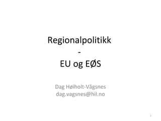 Regionalpolitikk
EU og EØS
Dag Høiholt-Vågsnes
dag.vagsnes@hil.no

1

 