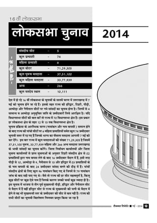 jhtuy fjiksVZj sssss ebZ &2014 13
16oha yksdlHkk
ns'k esa gks jgs 16 oha yksdlHkk ds pqukoksa ds lkrosa pj.k esa mŸkjk[k.M esa 7
ebZ dks pquko gksus tk jgs gaSA blds rgr jkT; dh gfj}kj] fVgjh] ikSM+h]
vYeksM+k vkSj uSuhrky lhVksa ij u;s lkalnksa dk pquko gksuk gSA ftuesa ls 4
lkekU; o vYeksM+k vuqlwfpr tkfr ds mEehnokjksa fy;s vkjf{kr gSA ;fn
fo/kkulHkk lhVksa dh ckr djsa rks jkT; esa 70 fo/kkuLkHkk {ks= gSaA bl izdkj
gj yksdlHkk {ks= ds rgr 12 ls 15 rd fo/kkulHkk {ks= gSA
pquko izfÿ;k ds vkjfEHkd pj.k (ukekadu vkSj uke okilh ) lEiUu gksus
ds ckn jkT; dh ikapks lhVksa ij 6 efgyk izR;kf'k;ksaa lesr dqy 74 mEehnokj
pqukoh lej esa jg x, gSa ftuds HkkX; dk QSlyk ernkrk vkxkeh 7 ebZ dks
dj nsaxsA bl ckj jkT; esa dqy ernkrkvksa dh la[;k 71]29]305 gS ftlesa
37]51]100 iq:"k] 33]77]939 efgyk vkSj 266 vU; ernkrk mŸkjk[k.M
ds Hkkoh lkalnksa dk pquko djsaxsA ftyk fuokZpu dk;kZy;ksa vkSj ftyk
lwpuk dk;kZy;ksa ls izkIr lwpukvksa ds vuqlkj fVgjh lalnh; {ks= ls 02
izR;kf'k;ksa }kjk uke okil ysus ds ckn 16 mEehnokj eSnku esa gSa] blh rjg
ikSM+h ls 10] vYeksM+k ls 9] uSuhrky ls 15 vkSj gfj}kj esa 03 izR;kf'k;ksa ds
ds uke okilh ds ckn 24 mEehnokj lkaln cuus dh nkSM+ esa gSaA ikapksa
lalnh; {ks=ksa ds fy, dqy 96 ukekadu fd, x, Fks ftuesa ls 79 ukekadu
tkap ds ckn lgh ik, x, FksA oSls rks jkT; dh gj lhV egRoiw.kZ gS] fdUrq
dqN lhVksa ij dqN ,sls uke gSa ftuds dkj.k mudh ppkZ dqN T;knk gh gSA
bl pquko esa Hkktik ls rhu iwoZ eq[;eU=h ikSM+h] gfj}kj vkSj uSuhrky lhV
ls eSnku esa gSa ogha gfj}kj lhV ls jkT; ds eq[;eU=h dh iRuh ds eSnku esa
gksus ls og Hkh eq[;eU=h Lrj ds mEehnokj dh lhV ls de ughs gSaA jkT; dh
lHkh lhVksa dk pqukoh fo'ys"k.k fuEuor izLrqr fd;k tk jgk gS
yksdlHkk pquko 2014
lalnh; lhV & 5
dqy izR;k'kh & 74
efgyk izR;k'kh & 6
dqy oksVj & 71]29]305
dqy iq:"k ernkrk & 37]51]100
dqy efgyk ernkrk & 33]77]939
vU; & 266
dqy erns; LFky & 10]111
&,dn`f"Vesa&&,dn`f"Vesa&&,dn`f"Vesa&&,dn`f"Vesa&&,dn`f"Vesa&
jhtuy fjiksVZj sssss ebZ &2014 13
 