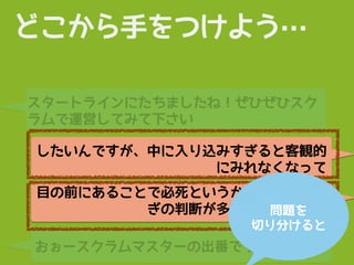どこから手をつけよう…
スタートラインにたちましたね！ぜひぜひスク
ラムで運営してみて下さい
したいんですが、中に入り込みすぎると客観的
にみれなくなって
目の前にあることで必死というか、その場しの
ぎの判断が多いというか…。
おぉースクラムマスターの出番ですねw
問題を
切り分けると
 