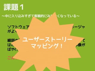 細部の問題を解決する機能のアイデアについて
はわかっているつもりだけど、要求の全体像が
ぼやけている
課題１
〜中に入り込みすぎて客観的にみれなくなっている〜
こんな時、いつもはどうしている？
ソフトウェア開発でもプロジェクトマネージャ
がよくおちいる問題
ユーザーストーリー
マッピング！
 