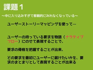ユーザーストーリーマッピングを使って…
課題１
〜中に入り込みすぎて客観的にみれなくなっている〜
ユーザーの持っている要求を物語（ナラティブ
フロー）にのせて表現することで、
要求の骨格を把握することが出来、
どの要求を最初にユーザーに届けたいかを、要
求のまとまりとして表現することが出来る
 