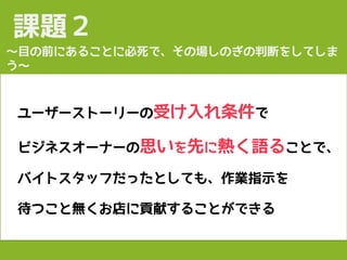 ユーザーストーリーの受け入れ条件で
ビジネスオーナーの思いを先に熱く語ることで、
バイトスタッフだったとしても、作業指示を
待つこと無くお店に貢献することができる
課題２
〜目の前にあることに必死で、その場しのぎの判断をしてしま
う〜
 