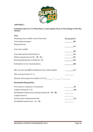 APPENDIX 2

Calculation Sheet for Use When Delays or Interruptions Occur in First Innings of One Day
Matches

Time
Net playing time available at start of the match                   420 minutes(A)
Time innings in progress                                           __________(B)
Playing time lost
                                                                   __________(C)
Extra time available
                                                                   __________(D)
Time made up from reduced interval                                 __________(E)
Effective playing time lost [C – (D + E)]                          __________(F)
Remaining playing time available (A − F)                           __________(G)

G divided by 4.2 (to 2 decimal places)                             __________(H)


Max overs per team [H/2] (rounded up if not a whole number)        __________( I )

Max overs per bowler [ I / 5 ]                                     __________

Duration of Powerplay Overs (Refer to 41.2.6) _______ + _______ + _________

Rescheduled Playing Hours

First session to commence or recommence                            __________ (J)
Length of innings [I x 4.2]                                        __________ (K)
Rescheduled cessation time (round up fractions) [J + (K – B)]      __________
Length of interval                                                 __________
Second session commencement time                                   __________ (L)
Rescheduled cessation time = (L + K)                               __________




REGIONAL SUPER50 TOURNAMENT 2011                                                 Page 42
 